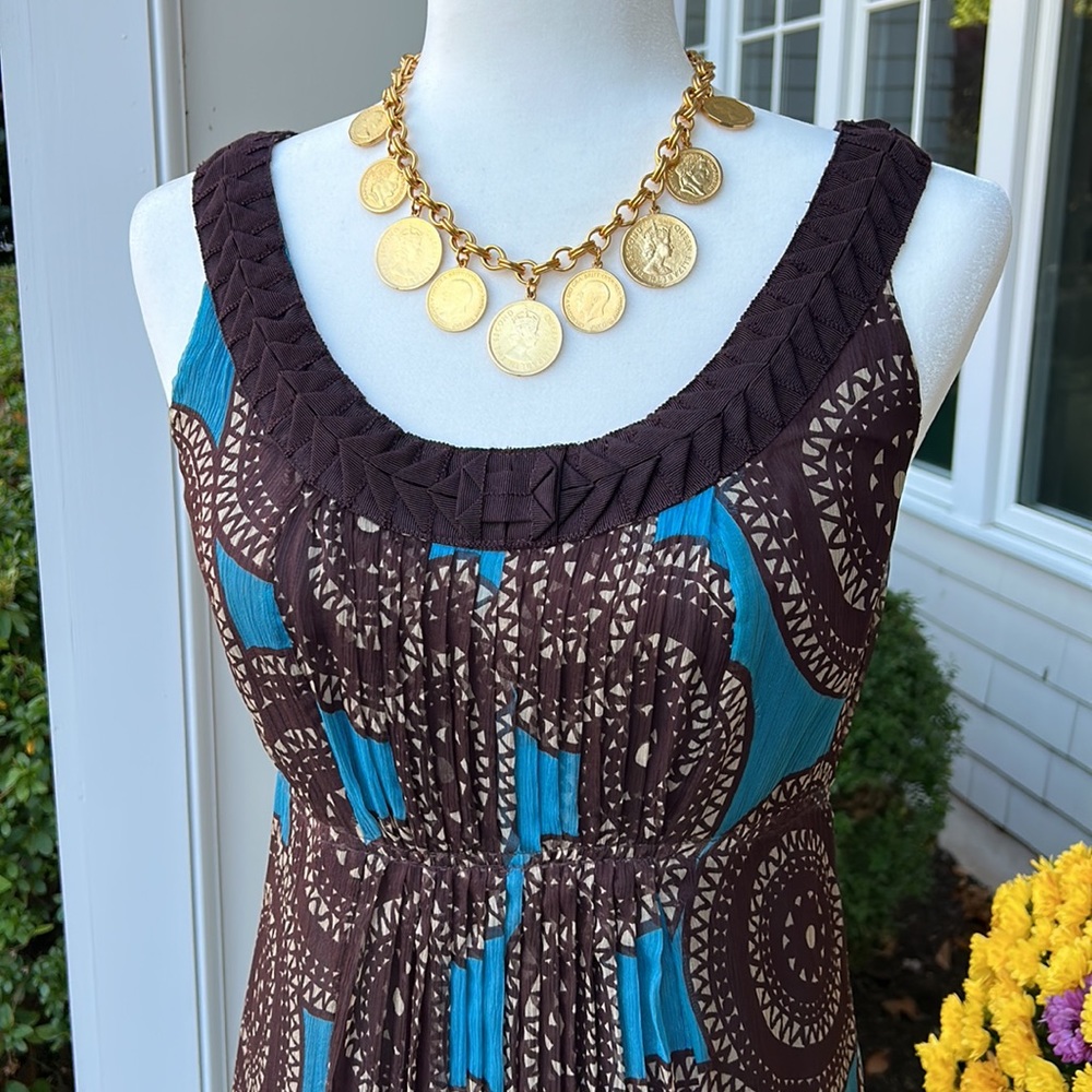 🔥2 x HP🔥VTG Tory Burch Silk Dress Sz 2/4, turquoise/brown pattern